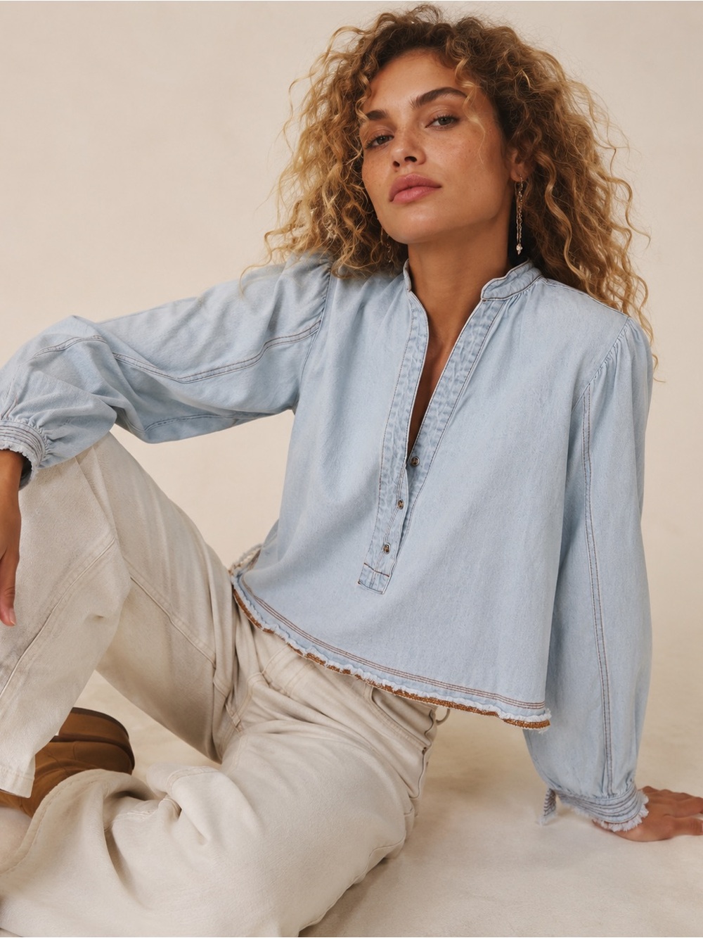 Light Wash Chambray Cropped Popover Blouse Raw Hem Balloon Sleeve